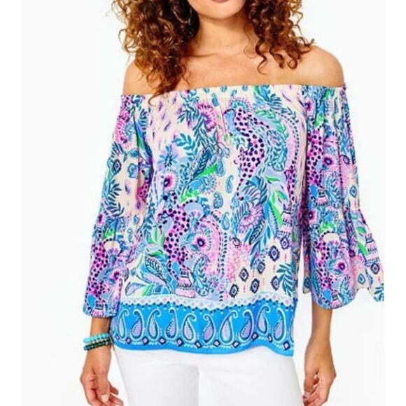 Lilly Pulitzer Top Womens Large Nevie Off Shoulder Macadamia Haute Nature NWOT - Picture 1 of 12